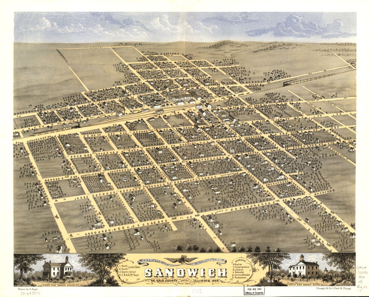 Pohled z ptačí perspektivy na město Sandwich, okres De Kalb, Illinois 1869. LOC 73693372 od A.; Chicago Lithographing Co. Ruger
