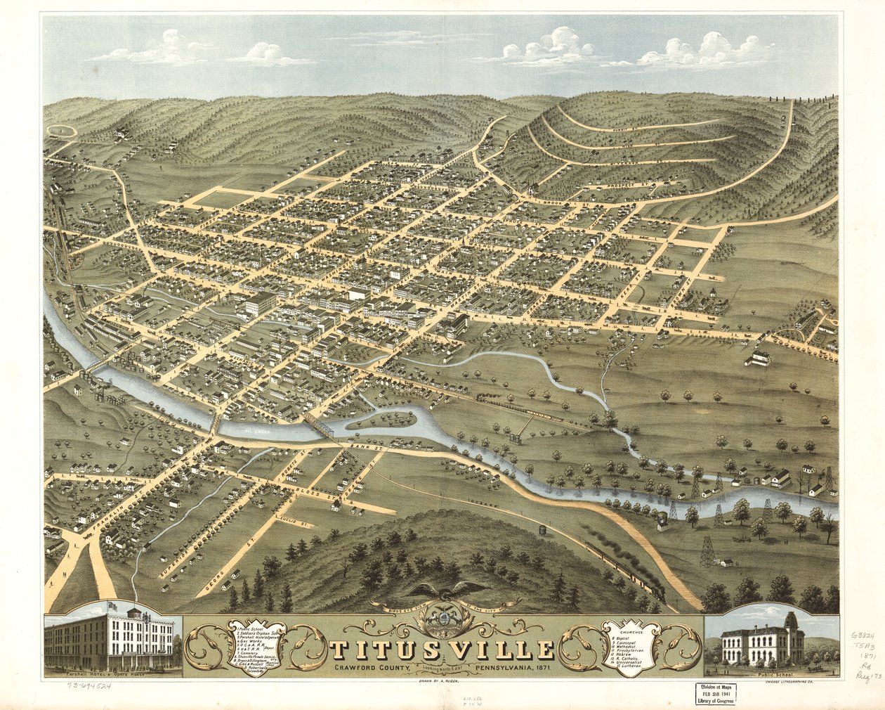 Pohled z ptačí perspektivy na město Titusville, Crawford County, Pennsylvania 1871. LOC 73694524 od A.; Chicago Lithographing Co. Ruger