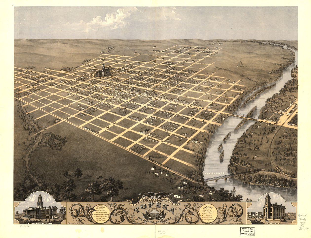 Pohled z ptačí perspektivy na město Topeka, hlavní město státu Kansas v roce 1869. LOC 73693411 od A.; Chicago Lithographing Co. Ruger