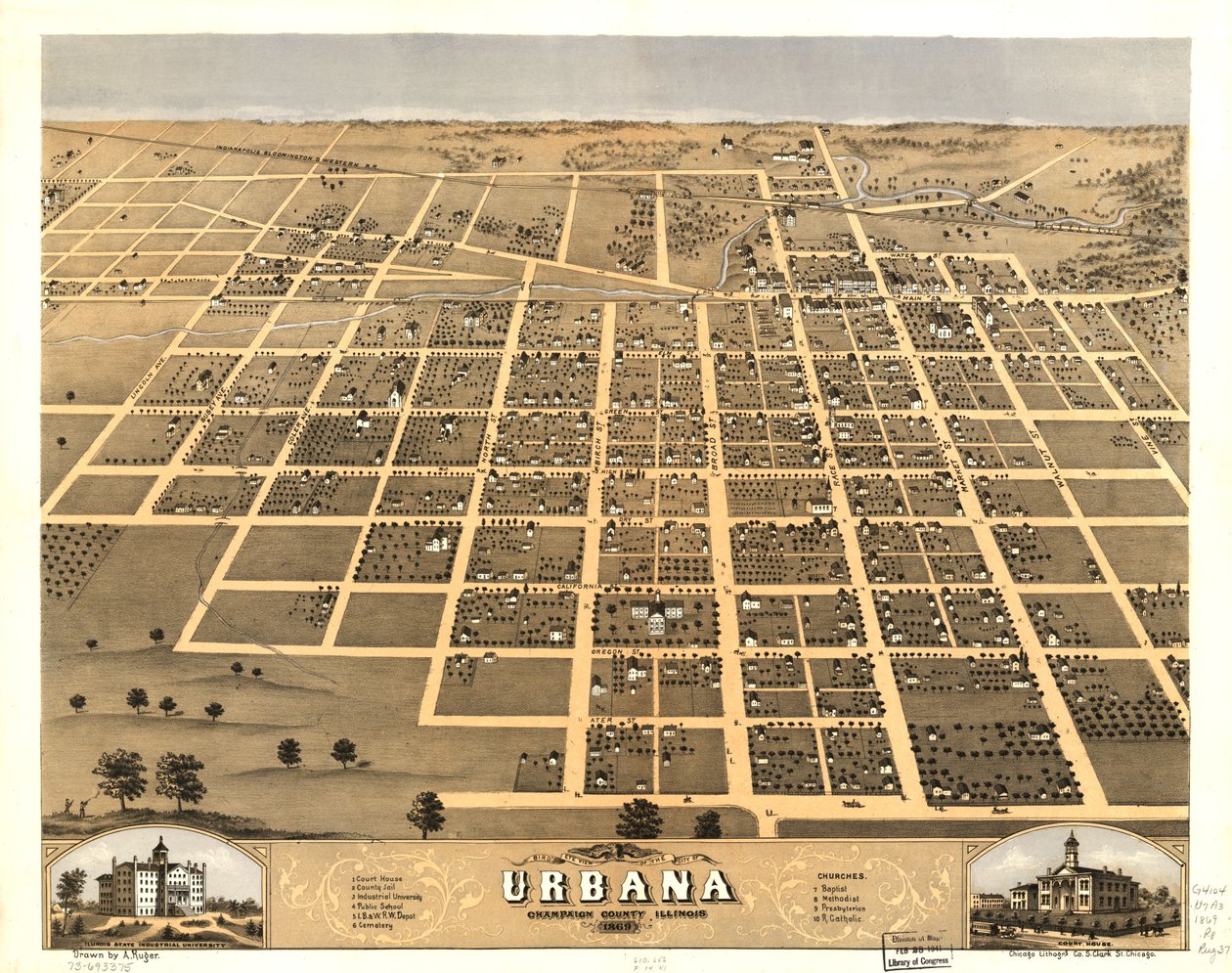 Pohled z ptačí perspektivy na město Urbana, Champaign County, Illinois 1869. LOC 73693375 od A.; Chicago Lithographing Co. Ruger