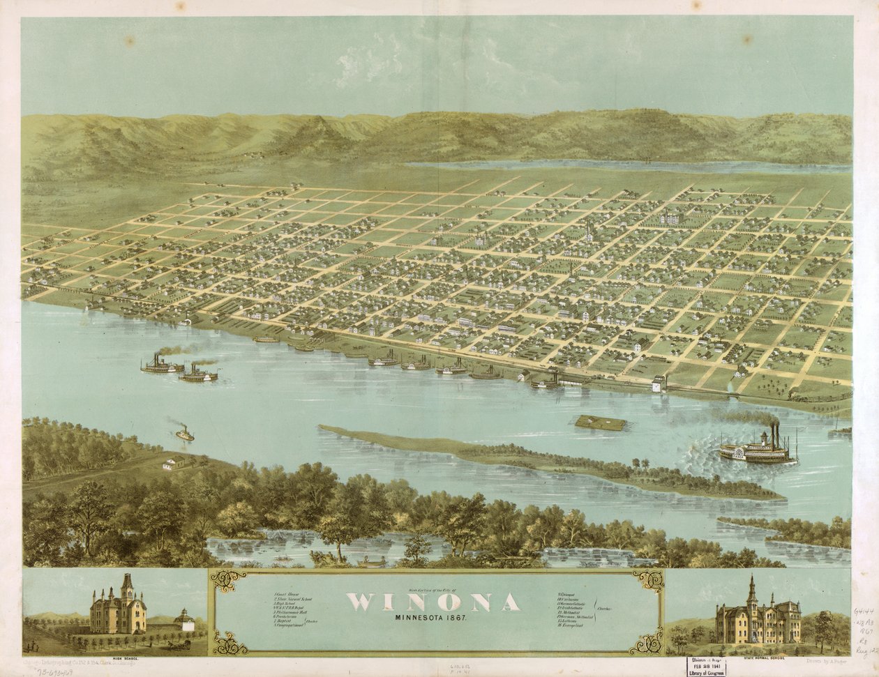 Pohled z ptačí perspektivy na město Winona v Minnesotě v roce 1867. LOC 73693469 od A.; Chicago Lithographing Co. Ruger