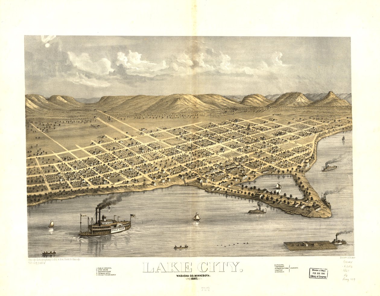 Lake City, Wabasha Co., Minnesota 1867. LOC 73693454 od A.; Chicago Lithographing Co. Ruger