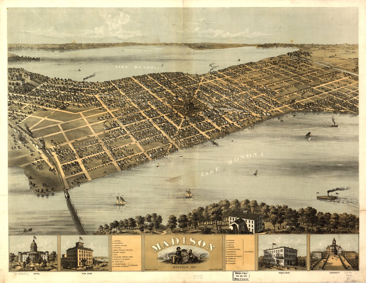 Madison, Wisconsin 1867. LOC 73694546 od A.; Chicago Lithographing Co. Ruger