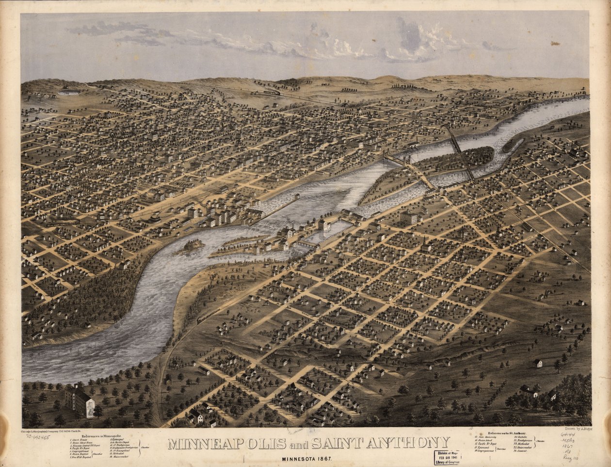 Minneapolis a Saint Anthony, Minnesota 1867. LOC 73693455 od A.; Chicago Lithographing Co. Ruger