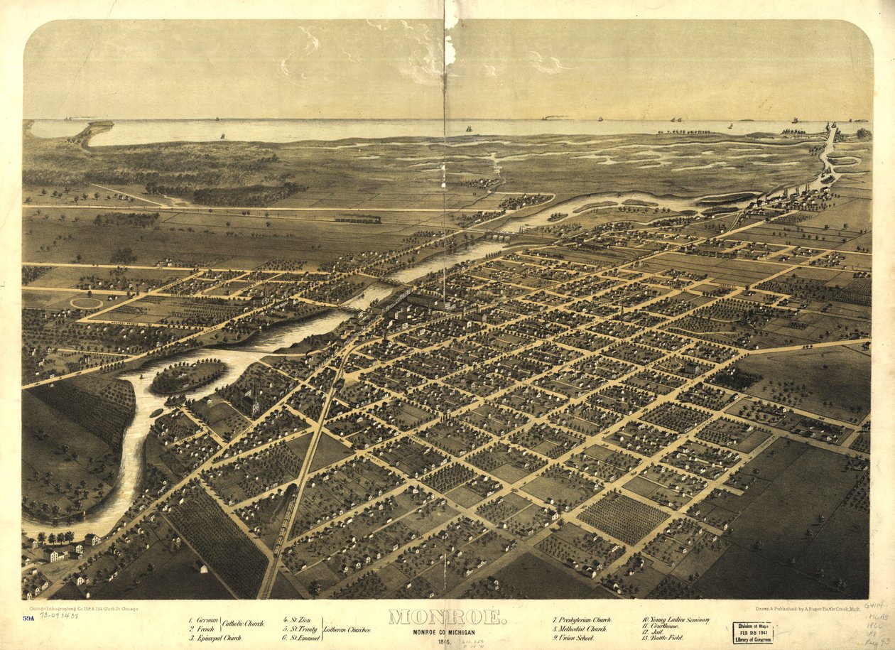 Monroe, Monroe Co., Michigan 1866. LOC 73693438 od A.; Chicago Lithographing Co. Ruger