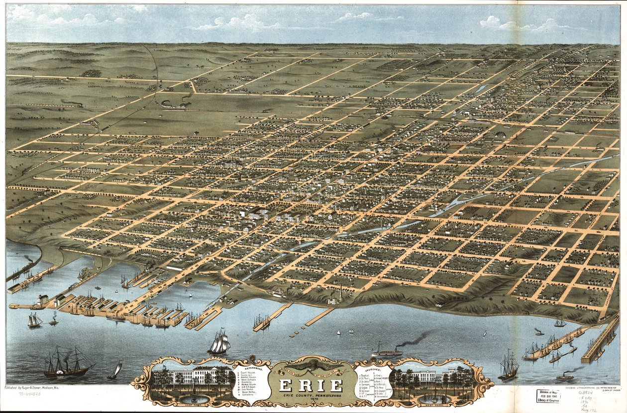 Pohled z ptačí perspektivy na město Erie, Erie County, Pennsylvania 1870. od A. Chicago Lithographing Co. Ruger and Stoner Ruger
