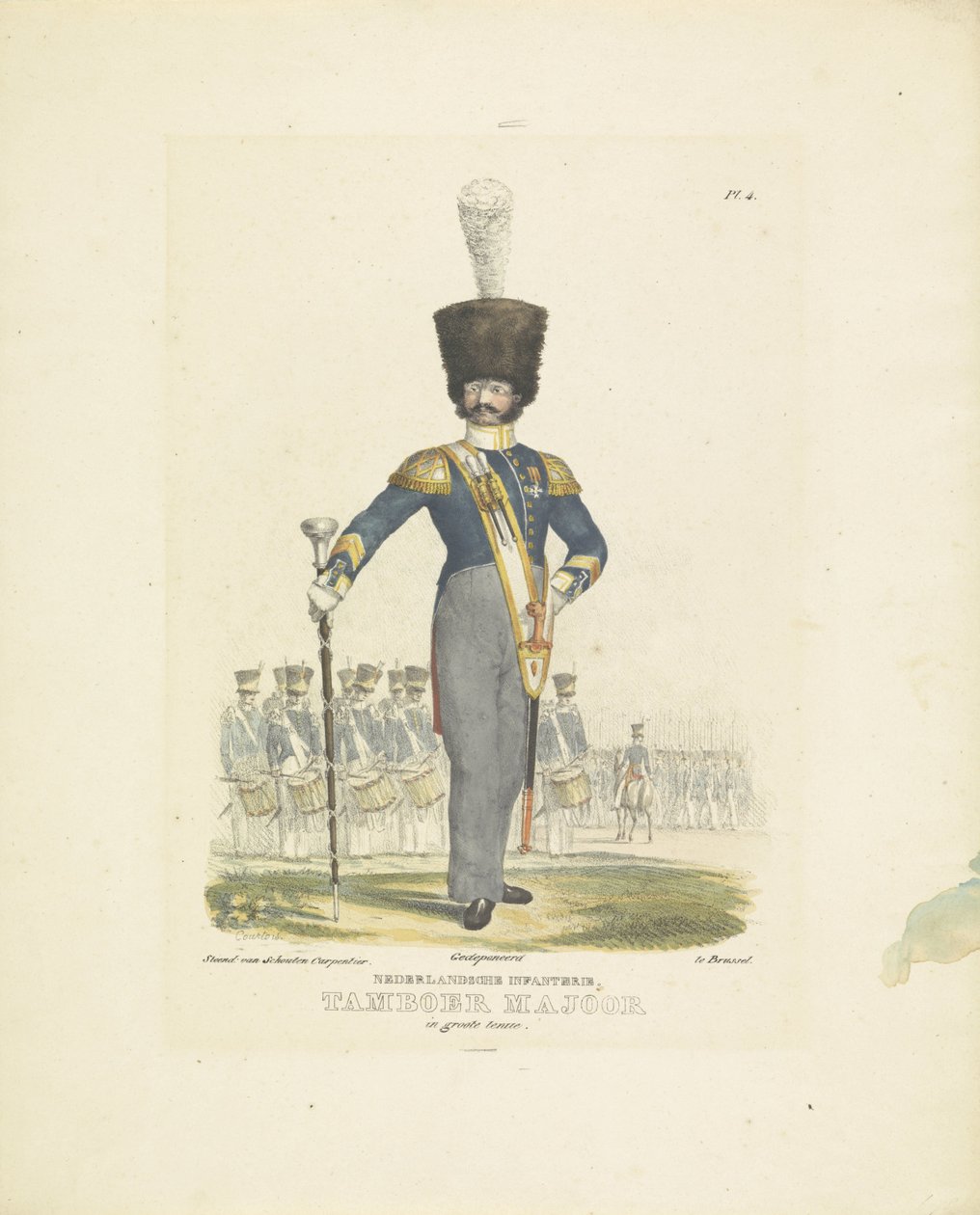 Drum major v plné uniformě Bubeník v plné uniformě, 1820-1825 Holandská pěchota. Drum Major ve skvělé uniformě (titul na předmětu) Vojenské kostýmy Nizozemského království. Věnováno Jeho Excelenci Willemu van Bylandtovi (série od A. Courtois