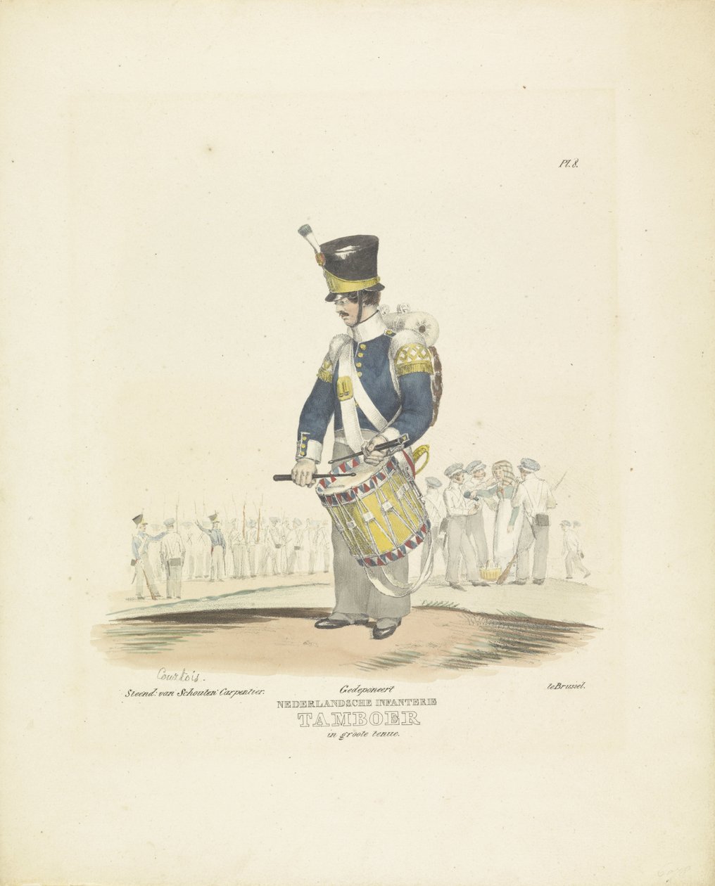 Bubeník v plné uniformě Bubeník v kompletních šatech, 1820-1825 Holandská pěchota. Bubeník v plné uniformě (název na objektu) Vojenské kostýmy Nizozemského království. Věnováno Jeho Excelenci Willemu van Bylandtovi (název série na objekt od A. Courtois