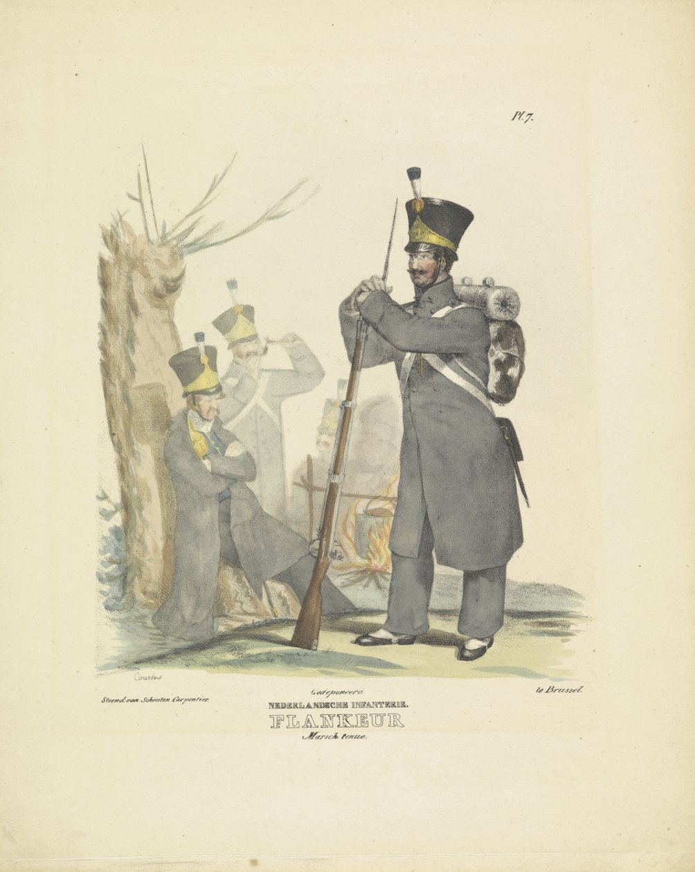 Flankeur in mars tenue, 1820-1825 Nederlandsche Infanterie. Flankeur Marsch tenue (title on object) Militaire costumen van het Koninkryk der Nederlanden. Opgedragen aan zyne excellentie Willem van Bylandt (series title on object)   1355903   cs       czech od A. Courtois