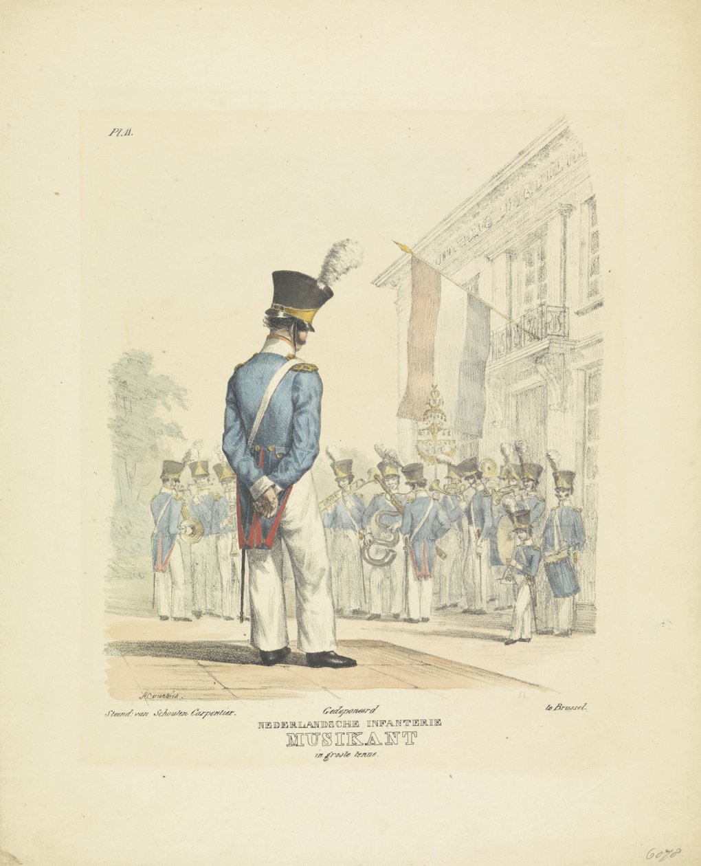 Hudebník v plné uniformě Hudebník v celých šatech, 1820-1825 Nederlandsche Infanterie Musikant ve skvělé uniformě (název na předmětu) Vojenské kostýmy Nizozemského království. Věnováno Jeho Excelenci Willemu van Bylandtovi (název série na obj od A. Courtois