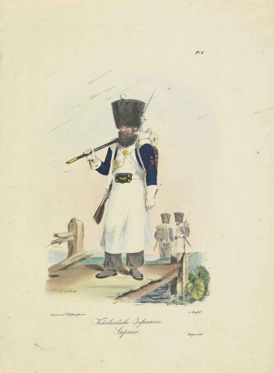 Sappeur, 1820-1825 Holandská pěchota. sapeur (název na objektu) Vojenské kostýmy Nizozemského království. Věnováno Jeho Excelenci Willemu van Bylandtovi (název série na objektu) od A. Courtois