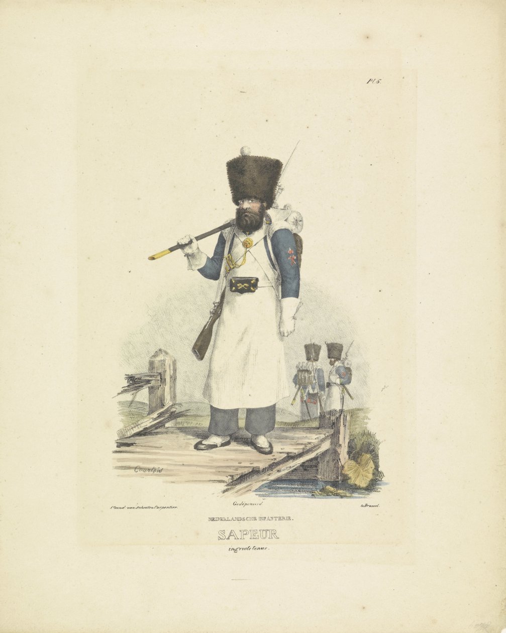 Sappeur ve skvělé uniformě, 1820-1825 Holandská pěchota. Sapeur ve velkém oblečení (název na objektu) Vojenské kostýmy Nizozemského království. Věnováno Jeho Excelenci Willemu van Bylandtovi (název série na objektu) od A. Courtois