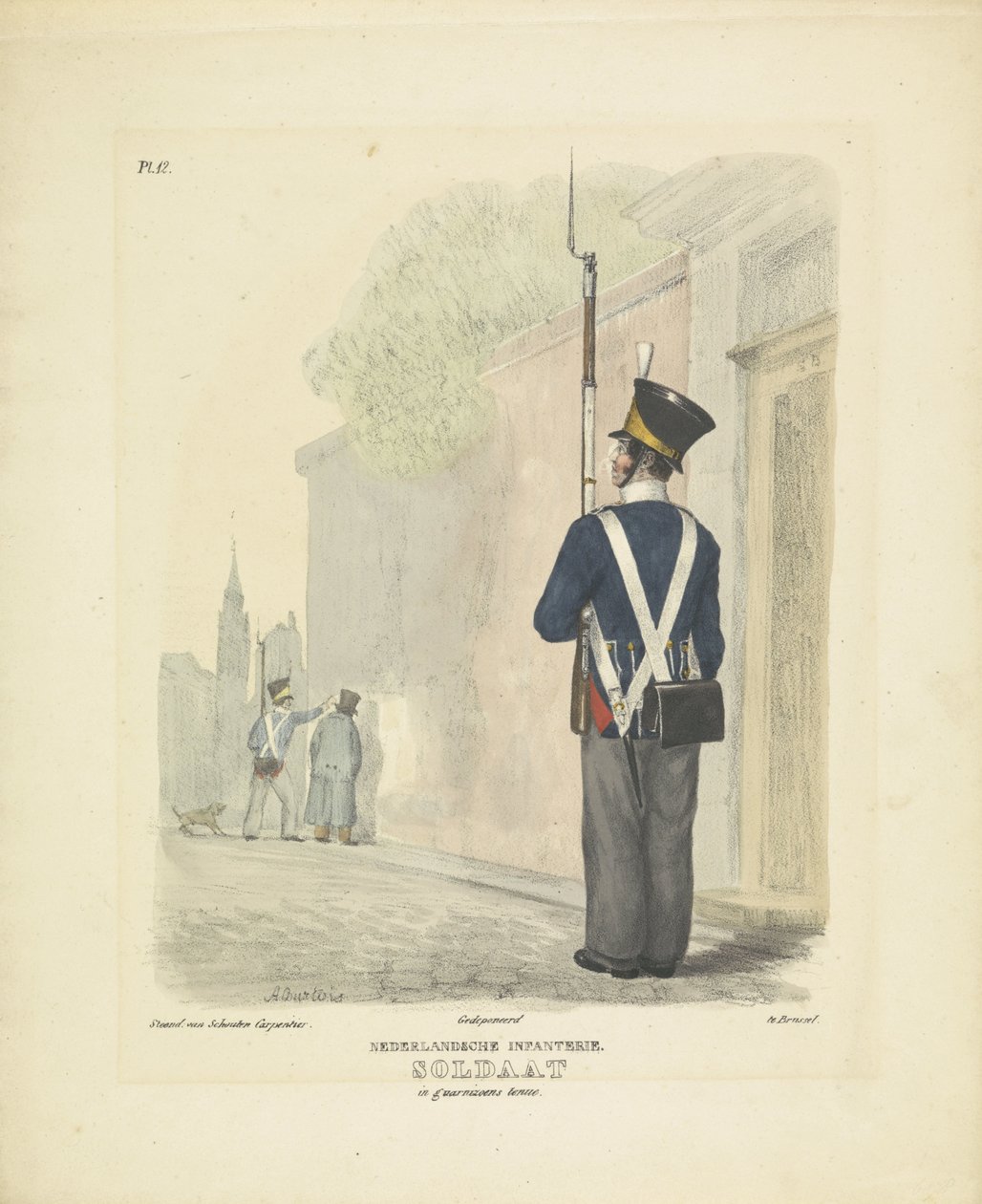 Voják v posádkové výstroji, 1820-1825 Holandská pěchota. Voják v partyzánské uniformě (titul na předmětu) Vojenské kostýmy Nizozemského království. Věnováno Jeho Excelenci Willemu van Bylandtovi (název série na objektu) od A. Courtois