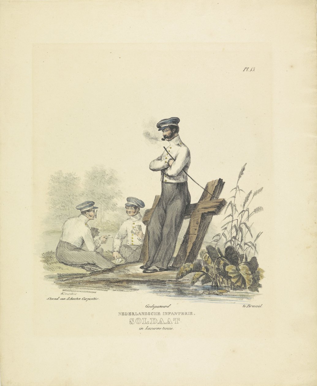 Voják v kasárenské uniformě, 1820-1825 Holandská pěchota. Voják v kostýmu Kaserne (titul na předmětu) Vojenské kostýmy Nizozemského království. Věnováno Jeho Excelenci Willemu van Bylandtovi (název série na objektu) od A. Courtois