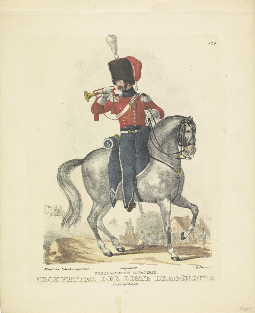 Trumpetista v plné uniformě Trumpetista ve skvělé uniformě, 1820-1825 holandská kavalérie. Trumpetista Ligte Dragoons. ve velkém oblečení (titul na předmětu) Vojenské kostýmy Nizozemského království. Věnováno Jeho Excelenci Williamovi z B od A. Courtois
