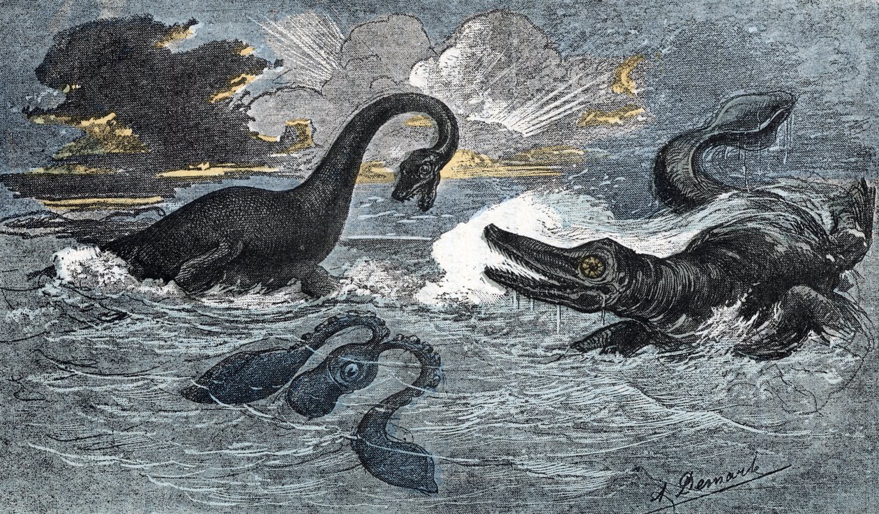 Plesiosaur a ichtyosaur z období spodní jury od A. Demarle