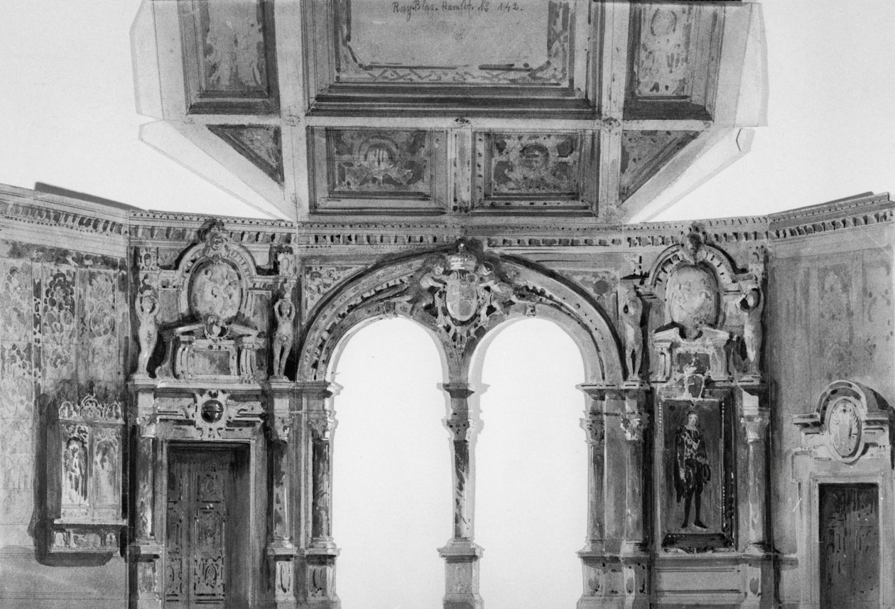 Scénografie pro Ruy Blas (1838) od Victora Huga (1802-85), revival atdthe Comedie Francaise v roce 1879 (wc na papíře) od A. Devred