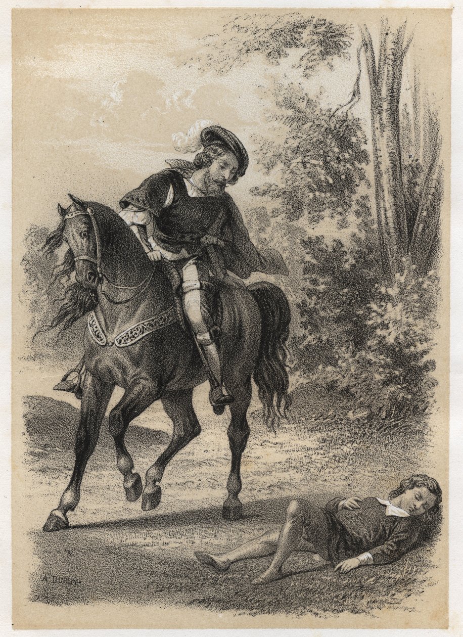 Jacques Amyot (1513-1593), zachráněn ve věku 10 let cestovatelem. Rytina A. Duruye v „“ Literárních ilustracích Francie; aneb Anekdotická galerie našich hlavních autorů zajímajících se o jejich činy a jejich nápisy““ od J.B. Maigrota. 1865. od A. Duruy