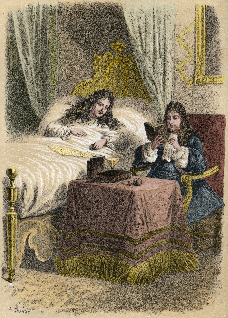 Ludvík XIV. francouzský král rád poslouchal Jeana Racina číst a přivedl ho, když byl nemocný. Rytina A. Duruye v „“ Literárních ilustracích Francie; zlatá, Anekdotická galerie našich hlavních autorů zajímajících se o jejich činy a jejich nápisy“ od A. Duruy