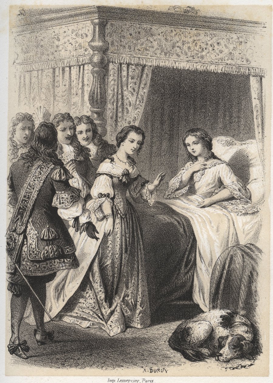 Madame Deshoulieres, Antoinette Ligier de La garde (1637-1694) zavalená otázkami svého doprovodu po noci strávené se strachem z ducha. Rytina A. Duruy v „“ Ilustrace litteraires de la France; nebo, Galerie anecdotique de nos pr od A. Duruy