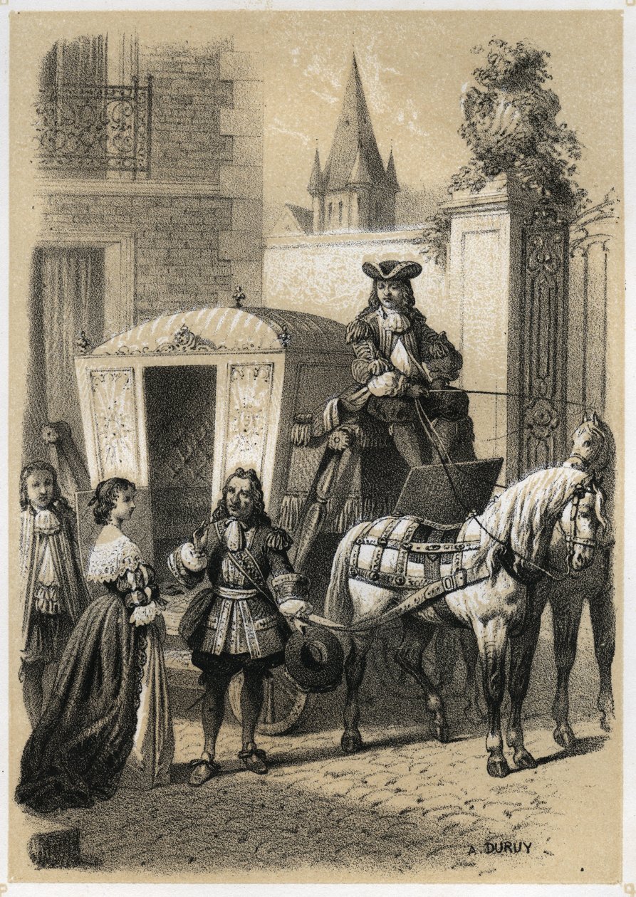 Marie de Rabutin-Chantal (Rabutin Chantal), markýza de Sevigne dit Madame de Sevigne (1626-1696) přiměla Gillese Menage (1613-1692), francouzského gramatika a spisovatele, aby jel v jeho kočáru. Rytina A. Duruy v „“ Ilustrace litteraires de la France; nebo od A. Duruy