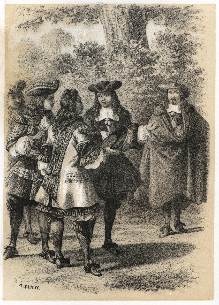 Setkání v Paříži mezi Jean Racine (1639-1699) a Pierre Corneille (1606-1684). Rytina A. Duruye v „“ Literárních ilustracích Francie; zlatá, Anekdotická galerie našich hlavních autorů zajímajících se o jejich činy a jejich nápisy““ od J.B. od A. Duruy