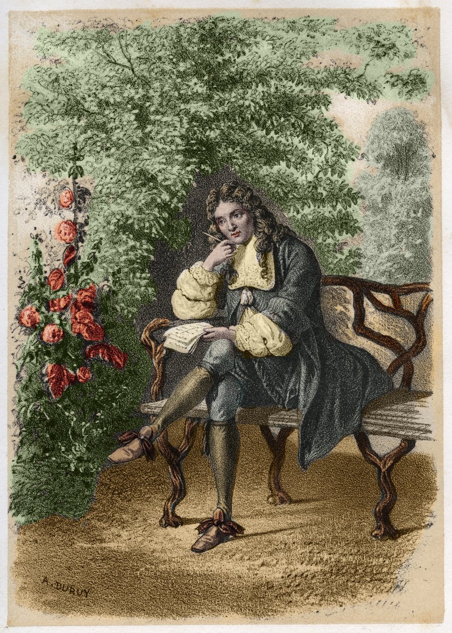 Portrét Nicolase Boileaua (1636-1711) dit Boileau-Despreaux (Boileau Despreaux), francouzského spisovatele ve svém domě v Auteuil. Rytina A. Duruye v „“ Literárních ilustracích Francie; aneb Anekdotická galerie našich hlavních autorů zajímajících se o jeji od A. Duruy