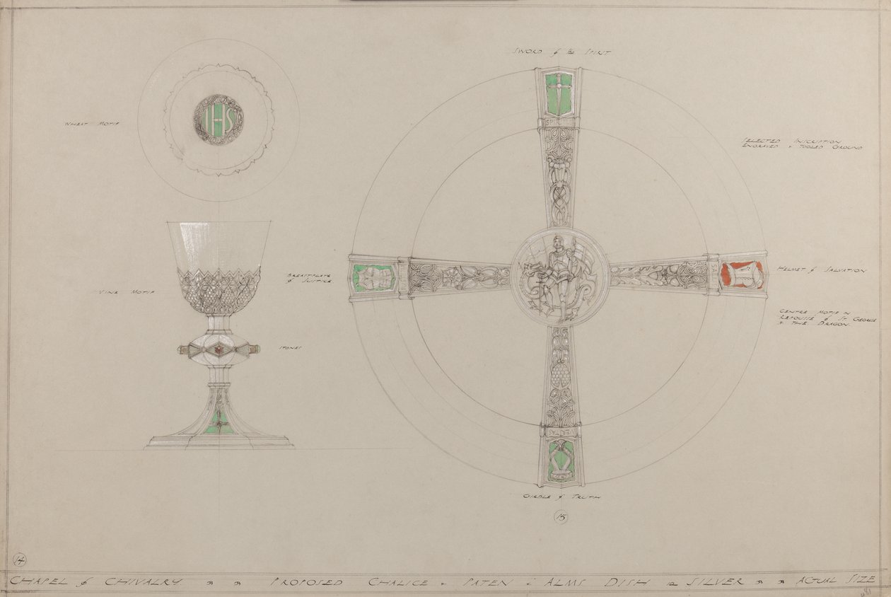 Kaple rytířství: navrhovaný kalich, paténa a almužna (tužka, inkoust, štětec, wc a stříbrná barva na šedé kartě) od A. Edward Jones and Co.