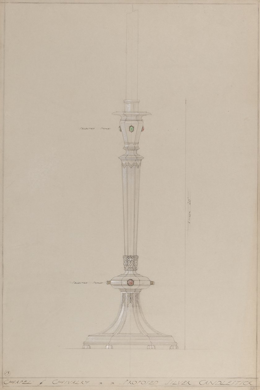 Rytířská kaple: návrh stříbrného svícnu (tužka, tuš, štětec, wc a stříbrná barva na šedém kartonu) od A. Edward Jones and Co.