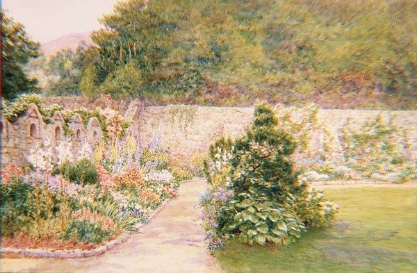 Zahrada v Undermount, Bonchurch, Isle of Wight se sv. Bonifácem v dálce od A. Foord Hughes