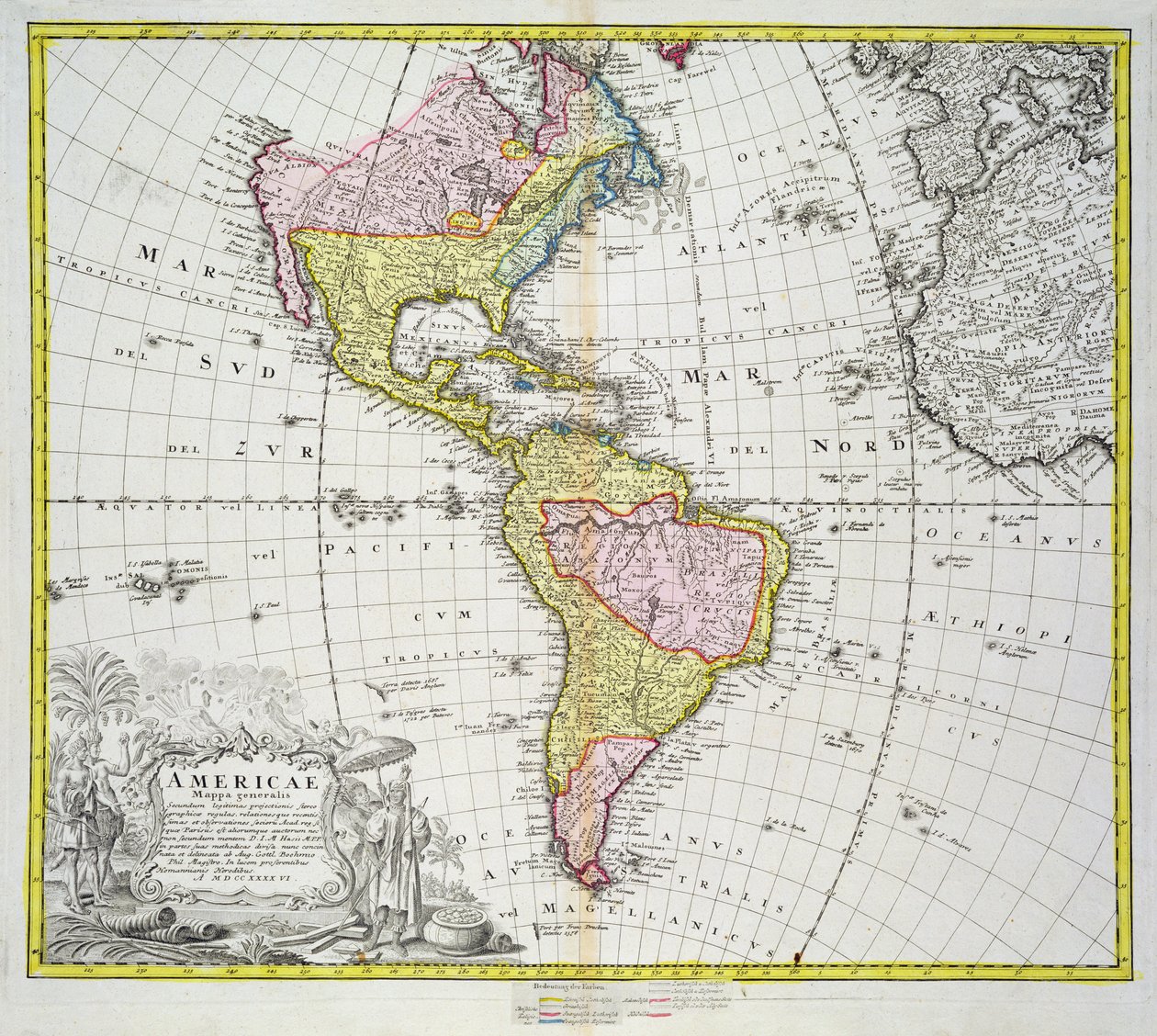 Mapa Ameriky, vydal Homann, 1746 (barevná rytina) od A. Gottlieb Boehm