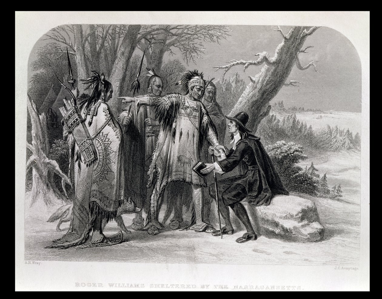 Roger Williams chráněný Narragansetts, 1636, z 