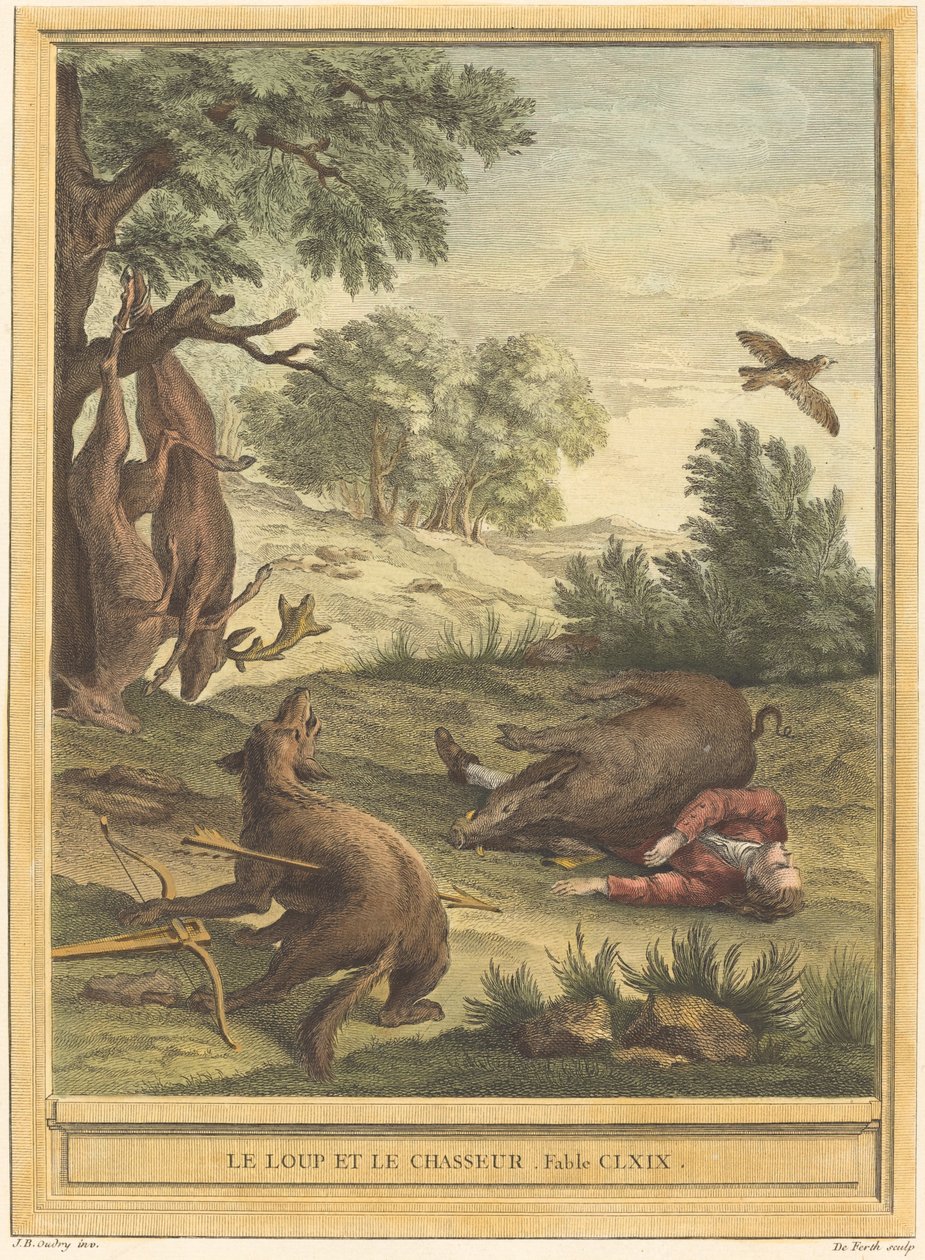 Vlk a lovec od A. J. de Fehrt after Jean Baptiste Oudry