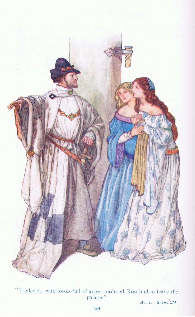 Frederick s rozhněvanými pohledy nařídil Rosalind, aby opustila palác (Jak se vám líbí), z Příběhů ze Shakespearovy hospody. od Ward Lock & Co Ltd od A. Jackson