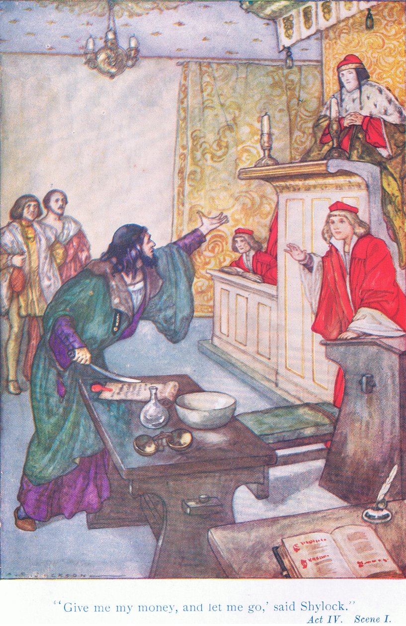 "Dej mi moje peníze a nech mě jít," řekl Shylock (Kupec benátský) z Pohádek ze Shakespearovy hospody. od Ward Lock & Co Ltd od A. Jackson