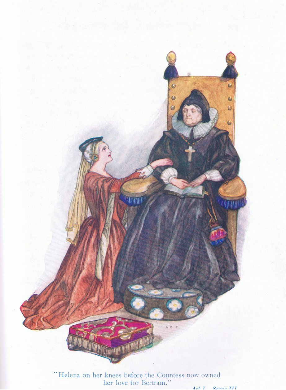 Helena na kolenou před hraběnkou nyní vlastnila svou lásku k Bertramovi (Všechno dobře, to končí dobře), z Pohádek ze Shakespearovy hospody. od Ward Lock & Co Ltd od A. Jackson