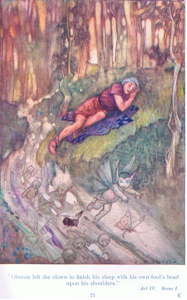 Oberon opustil klauna, aby dospal s hlavou blázna na ramenou (Sen noci svatojánské), z Příběhů ze Shakespearovy hospody. od Ward Lock & Co Ltd od A. Jackson
