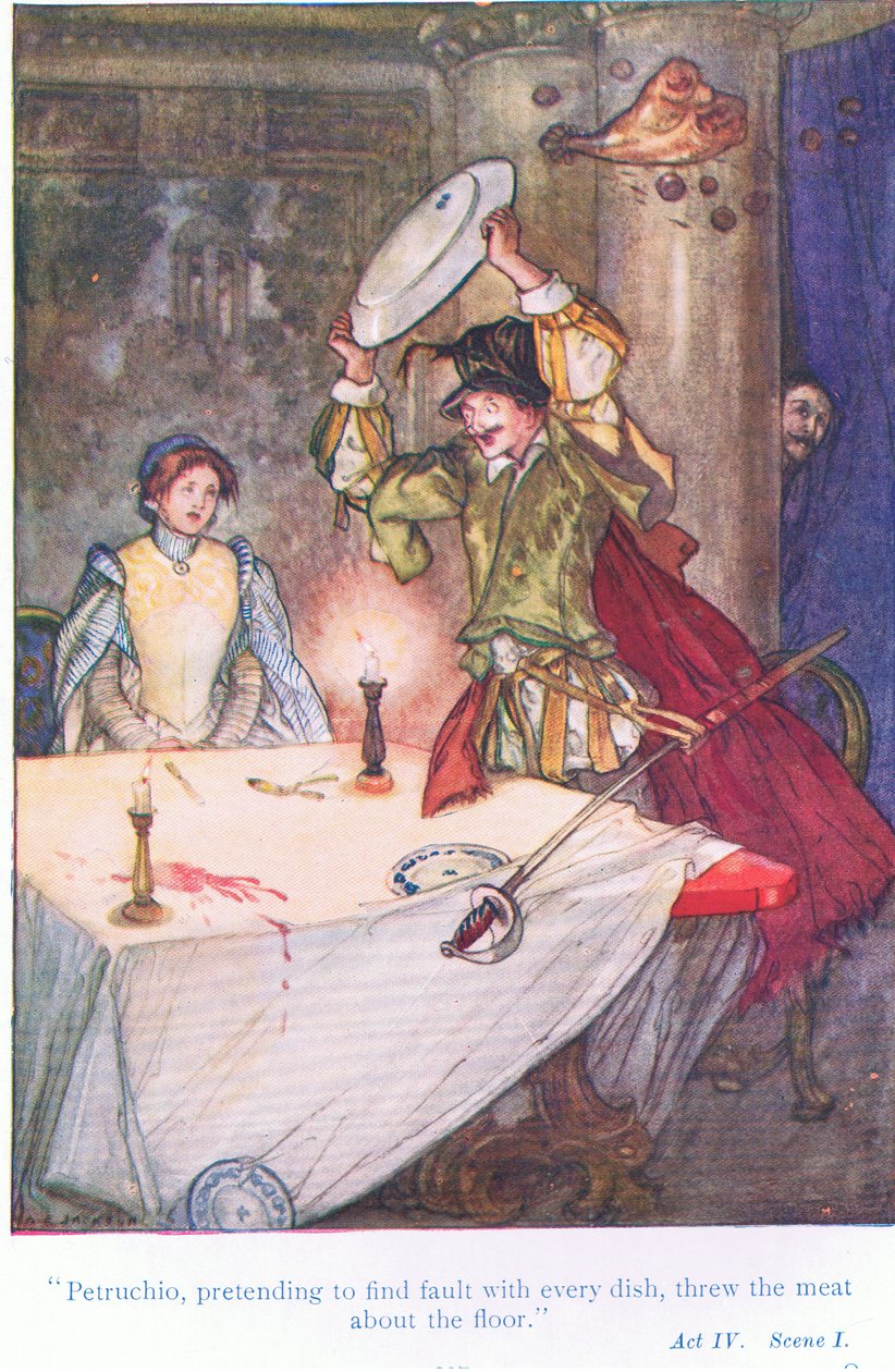 Petruchio, předstíral, že na každém jídle hledá chybu, házel maso po podlaze (Zkrocení zlé ženy) z Příběhů ze Shakespearovy hospody. od Ward Lock & Co Ltd od A. Jackson