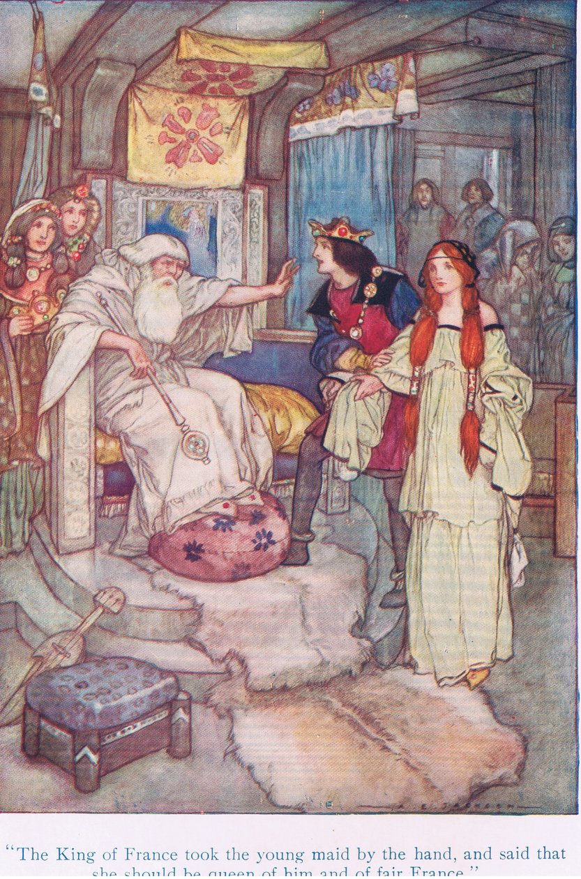 Francouzský král vzal mladou služebnou za ruku a řekl, že by měla být královnou jeho a krásné Francie (král Lear), z Pohádek ze Shakespearovy hospody. od Ward Lock & Co Ltd od A. Jackson