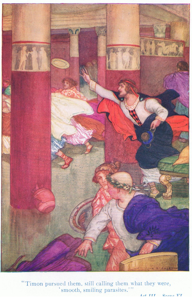 Timon je pronásledoval a stále je nazýval tím, čím byli, uhlazenými, usměvavými parazity (Timon z Athén), z Pohádek ze Shakespearovy hospody. od Ward Lock & Co Ltd od A. Jackson