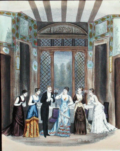 Scéna z operety, kolem 1870-80 (barevné lito) od A. Lamy