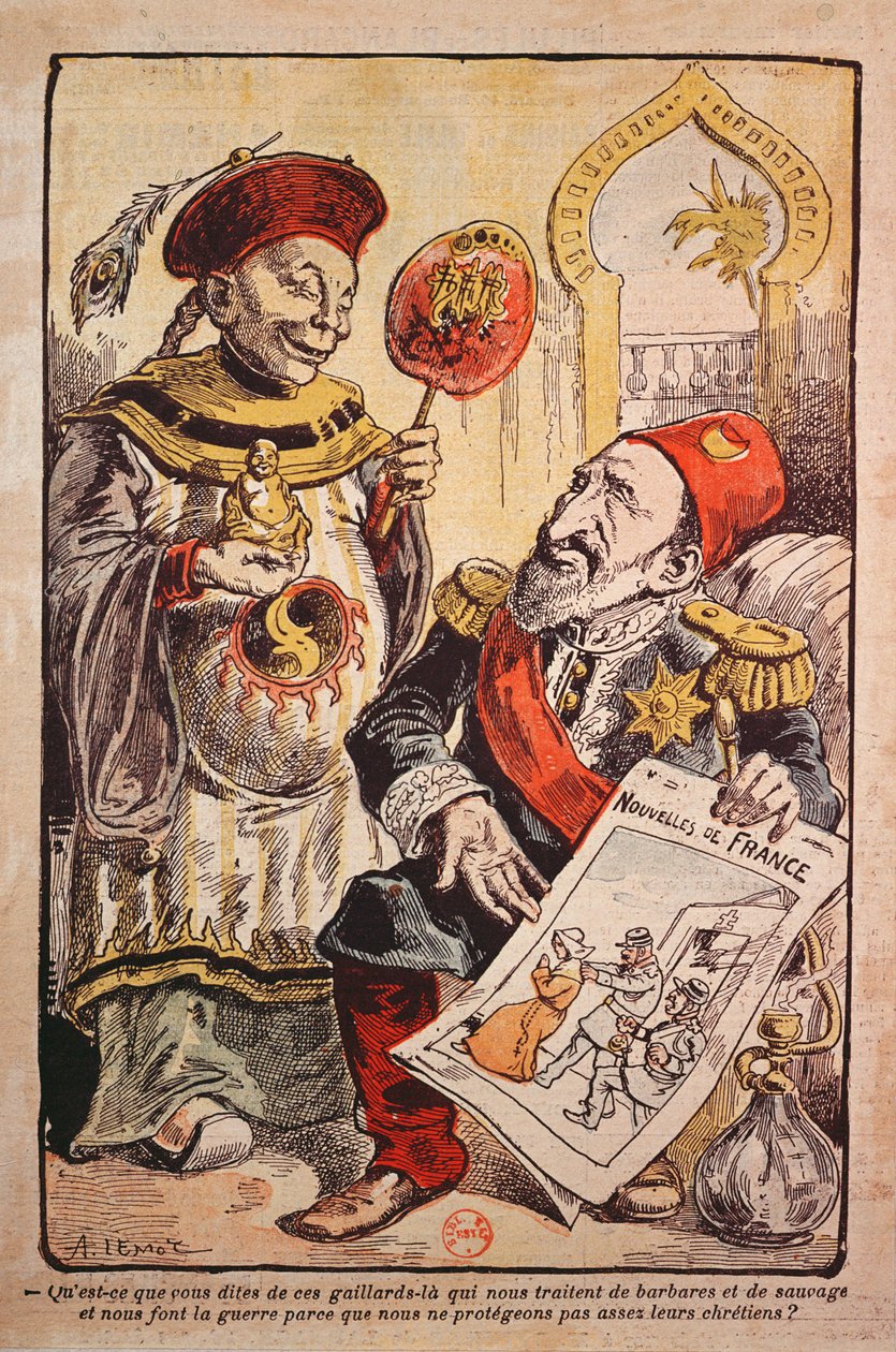 Karikatura obviňující pokrytectví a dvojí standardy západní Evropy v jejich kritice a chování vůči Číně a Osmanské říši; od A Lemot
