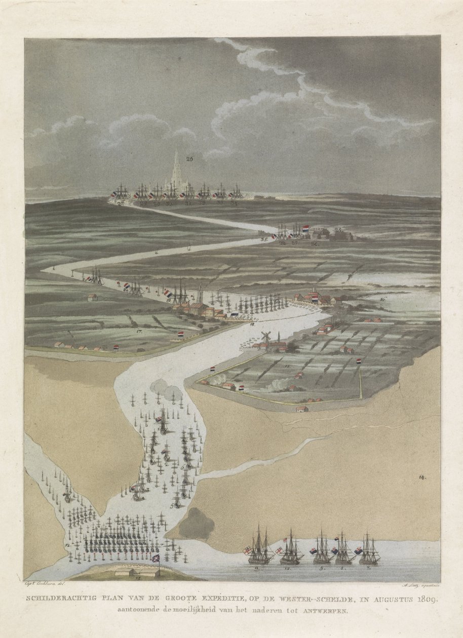 Britská expedice do Antverp, 1809 Malebný plán velké expedice na Západní Šeldu v srpnu 1809. ukazující obtížnost přiblížení se k Antverpám (název na předmětu) od A. Lutz