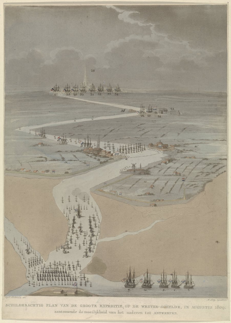 Pohled z ptačí perspektivy na západní Scheldt s anglickými, holandskými a francouzskými flotilami, 1809 Malebný plán velké expedice na Západní Šeldu v srpnu 1809 (název na objektu) od A. Lutz
