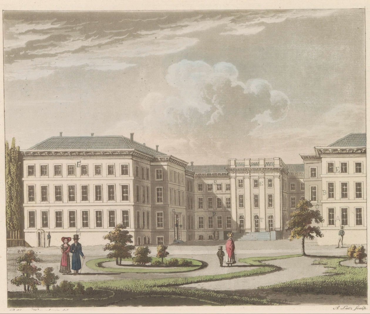Palác Noordeinde v Haagu, 1810-1825 Le Palais royal à La Haye, vu du jardin / Královský palác v Haagu, při pohledu ze strany zahrady (název na objektu) od A. Lutz