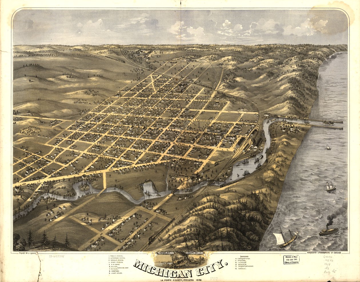 Pohled z ptačí perspektivy na Michigan City, La Porte County, Indiana od A.; MerchantS Lithographing Company Ruger
