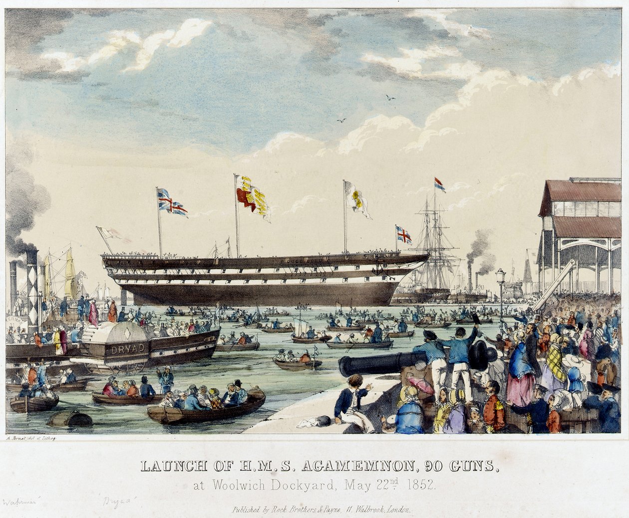Spuštění lodi HMS "Agamemnon" s 90 děly na vodu v loděnici ve Woolwichi, 22. května 1852. od A. Pernet