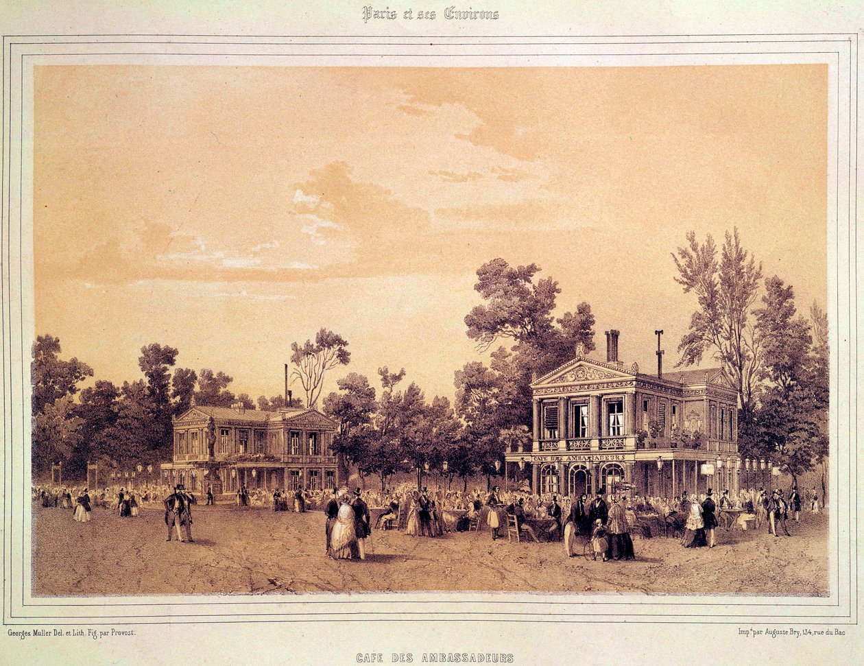 Pohled na Cafe des Ambassadeurs na Champs Elysees v Paříži Litografie A. probošta (aktivní kolem 1834-1855) Paříž, Musee Carnavalet od A Provost