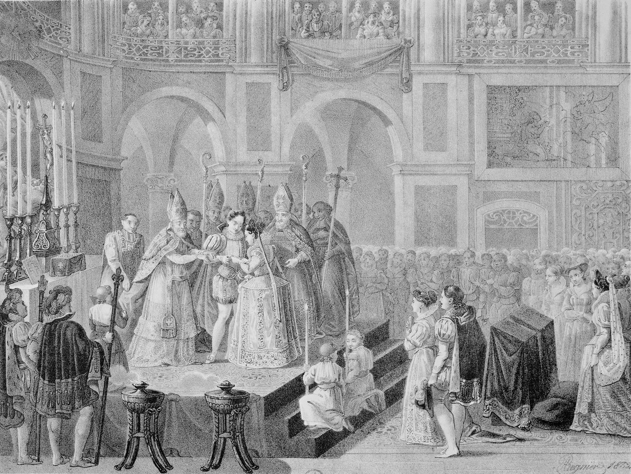 Sňatek Jindřicha III. (1553-1610) a Markéty Francouzské (1553-1615) v roce 1572, 1832 od A. Regnier