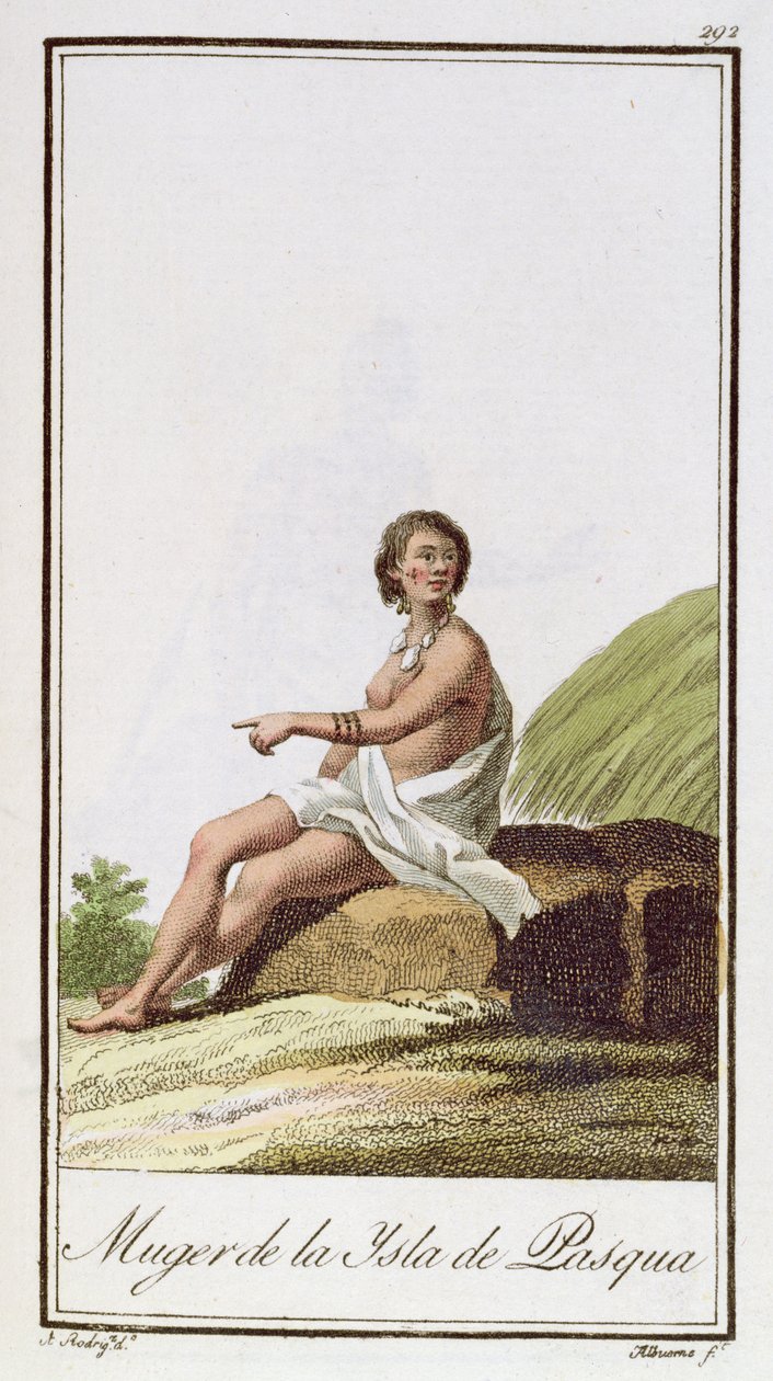 Žena z Velikonočního ostrova, vyryl Albuerne, 1799 od A. Rodriguez
